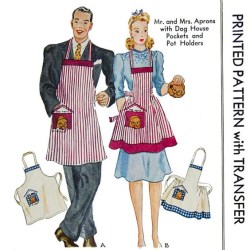 957 1942 MR. & MRS. POCKET BIB APRONS, POTHOLDERS PATTERN